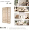 Collage of images showcasing a bookshelf in different home settings, with text highlighting its versatility and brand. Náhled obrázku produktu