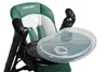 A close-up view of a green and white baby high chair with a transparent tray. Produktbild-Vorschau