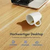 A spilled coffee mug on a wooden desk next to a laptop, with marketing text and icons. Náhled obrázku produktu