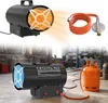 A collage showing a black gas heater with orange heating elements and a blue grate, a coiled orange hose with a regulator, and a black gas heater connected to an orange propane tank in a garage setting. Produktbild-Vorschau
