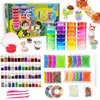 A collage of items included in a jumbo slime making kit, featuring various colors of slime, glitter, beads, and tools. Voir les images du produit