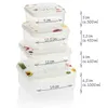 A stack of four clear plastic food storage containers with decorative lids, showing dimensions and capacities. Produktbild-Vorschau