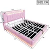 A diagram of a pink upholstered bed frame with dimensions indicated by measurement lines and numbers. Produktbild-Vorschau
