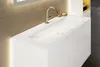 A modern bathroom vanity with a white sink and gold faucet. Produktbild-Vorschau