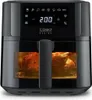 A black air fryer with a transparent window showing two roasted chickens inside. The digital display shows '200' degrees. Produktbild-Vorschau