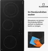A black glass ceramic cooktop with three heating zones is shown, alongside text describing its features and a close-up of a hand cleaning the surface. Produktbild-Vorschau