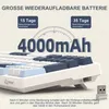 A close-up of a white and blue mechanical keyboard with large text indicating battery capacity and usage time. Produktbild-Vorschau