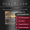 A close-up view of an open oven with food inside, with marketing text overlays. Produktbild-Vorschau