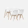A white rectangular dining table with four white chairs with wooden legs, set against a plain white background. Anteprima dell’immagine prodotto