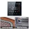 A collage showing a smart thermostat and two types of floor heating systems. Produktbild-Vorschau