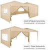 Two images of a beige pop-up tent, one showing a more enclosed setup and the other showing an open setup. Text overlays describe package contents. Produktbild-Vorschau