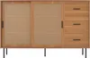 A wooden sideboard with cane detailing and drawers, shown from the front on a white background. Voir les images du produit
