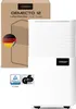 A white dehumidifier is shown next to its packaging, with certification logos. Produktbild-Vorschau