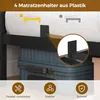 Close-up view of a bed frame with mattress supports and storage underneath, along with feature icons. Produktbild-Vorschau