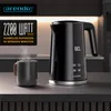 A black electric kettle with a digital display and a mug of steaming water on a countertop, with kitchen background elements. Produktbild-Vorschau