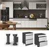 A collage showing a modern kitchen interior and three product shots of kitchen cabinet legs and a cabinet drawer unit. Anteprima dell’immagine prodotto
