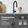 A black kitchen faucet is shown installed on a countertop with a marble-patterned backsplash. Text overlays and diagrams explain the installation process and a required hole size. Anteprima dell’immagine prodotto