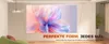 A projector is mounted on the ceiling, projecting an image onto a wall in a living room setting. The projected image is a colorful abstract design. Text overlays highlight the product's features. Produktbild-Vorschau