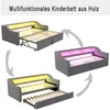 A collage showing a multifunctional wooden children's bed in different configurations, highlighting its transformation from a sofa to a bed with a pull-out trundle and integrated LED lighting. Produktbild-Vorschau