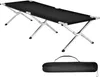 A black camping cot with a silver aluminum frame is shown, along with its black carrying bag. Voir les images du produit