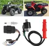 A collage of images showing two ATVs and automotive parts including a spark plug, CDI box, and ignition coil. Podgląd zdjęcia produktu