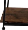 A close-up view of the bottom corner of a shelf with a wooden texture and black metal legs. Náhled obrázku produktu