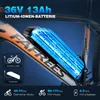Close-up of an e-bike battery mounted on the frame, with marketing text and icons. Náhľad obrázku produktu
