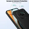 A close-up view of a black phone case on a light gray background, highlighting its screen and camera protection features. Produktbild-Vorschau
