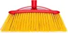 A close-up, front-facing view of a broom with red plastic and yellow bristles, set against a white background. Produktbild-Vorschau