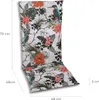 A chair cushion with a tropical floral and bird pattern, with dimensions indicated by text overlays. Produktbild-Vorschau