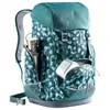 A teal backpack with a camouflage pattern of blue and gray shapes, featuring side pockets with a water bottle and a metal container. Produktbild-Vorschau