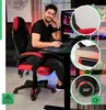 A man is sitting in a gaming chair in front of a computer, talking on the phone. The image includes close-up shots of the chair's features. Produktbild-Vorschau