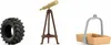 Three toy accessories are displayed against a white background: a tractor tire, a telescope on a tripod, and a two-part basket. Anteprima dell’immagine prodotto