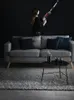 A woman holding a cordless vacuum cleaner stands behind a sofa with a coffee table in front. Produktbild-Vorschau