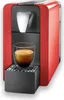A red coffee capsule machine with a glass of espresso. Voir les images du produit