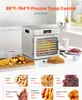 A stainless steel food dehydrator is shown on a countertop with various dried foods displayed around it, along with informational text about temperature and time settings for different foods. Podgląd zdjęcia produktu