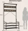 A diagram showing the dimensions of a coat rack and shoe bench, with a silhouette of a person for scale. Voir les images du produit