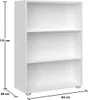 A white three-shelf bookcase is shown from a slightly angled front view, with dimensions indicated by lines and text. Produktbild-Vorschau