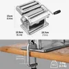 A collage showing a pasta maker and its dimensions, and a close-up of the pasta maker clamped to a wooden surface. Produktbild-Vorschau