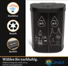 A black sensor trash can with two 35L compartments, featuring illustrations of recyclable items and text highlighting its features and benefits. Anteprima dell’immagine prodotto