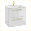 A white bathroom vanity with a ceramic sink and gold handles is shown against a white background. Náhled obrázku produktu