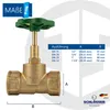 A brass valve with a green handle, shown with a size chart and branding. Anteprima dell’immagine prodotto