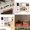 A collage of images showing a wooden toy kitchen with white accents and gold hardware, including a stovetop, oven, sink, and washing machine. Podgląd zdjęcia produktu
