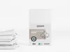 A product shot of a white fitted sheet packaging with a stack of white fitted sheets to the left. Produktbild-Vorschau