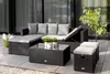 An outdoor patio set with a sectional sofa, coffee table, and ottomans, next to a potted lemon tree. Náhled obrázku produktu