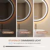 A collage showing a round LED mirror at three different brightness levels: 10%, 50%, and 100%. Below the mirrors, there is a graphic illustrating stepless dimming with icons and text. Produktbild-Vorschau