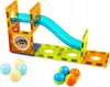 A magnetic building set with a slide and balls on a white background. Produktbild-Vorschau