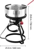 A deep fryer with a propane tank and hose, shown with dimensions indicated by text overlays. Anteprima dell’immagine prodotto