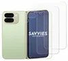 A light green foldable smartphone is shown next to two transparent screen protectors. The screen protector on the right is a full-sized screen protector, while the one on the left is a smaller protector for the camera lens. Produktbild-Vorschau