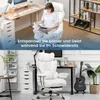 A split image showing a woman sitting in a white gaming chair reading a book in the top half, and a white gaming chair in a home office setting in the bottom half. Náhled obrázku produktu